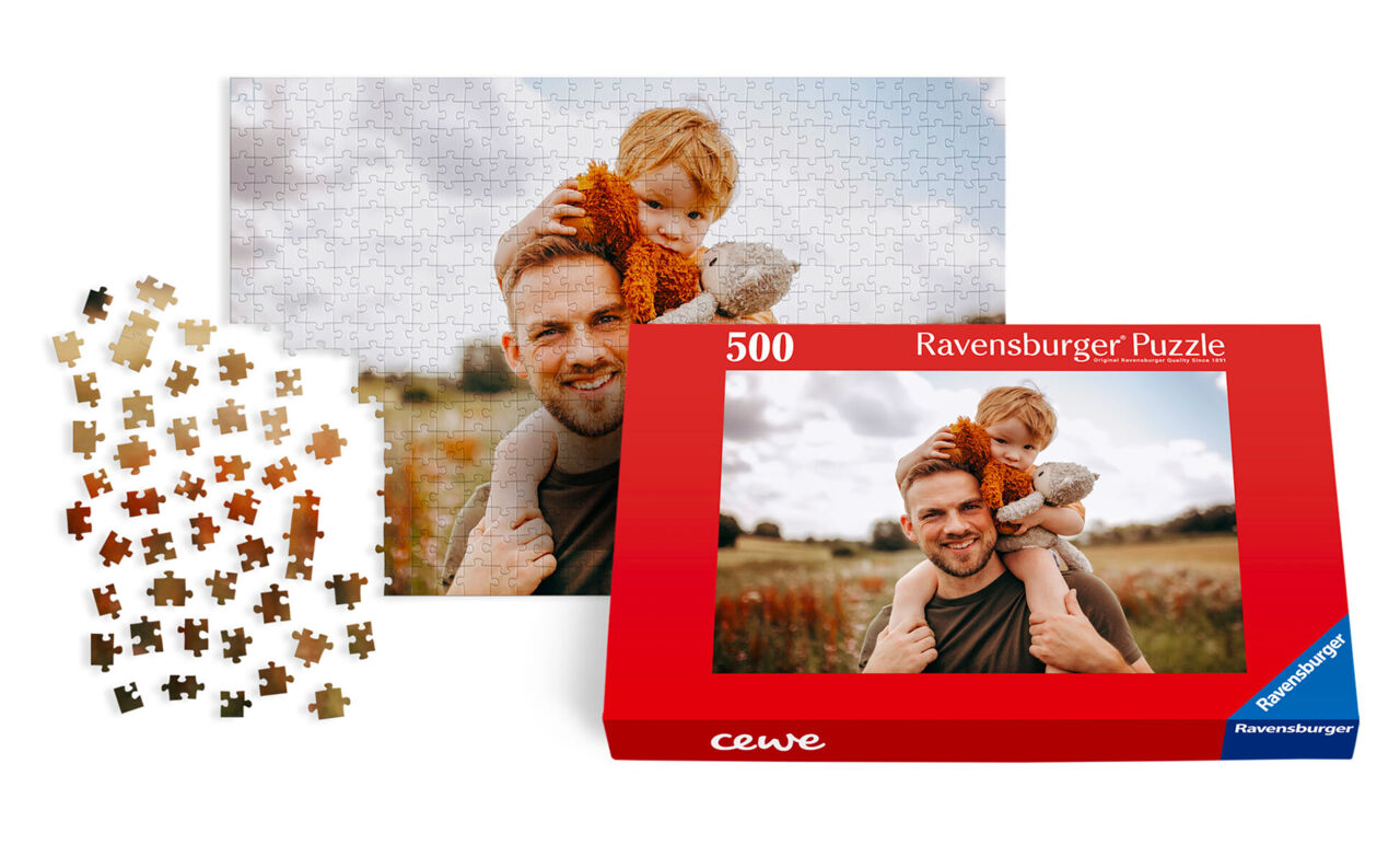 Puzzle personnalisé avec un père et son enfant, présenté avec sa boîte