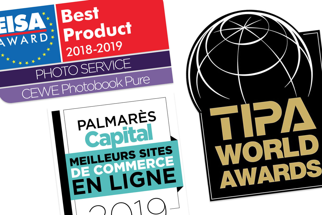 Trois logos de prix pour le livre photo CEWE Pure, Best Product 2018-2019 et TIPA World Awards, montrant la reconnaissance et la qualité du produit
