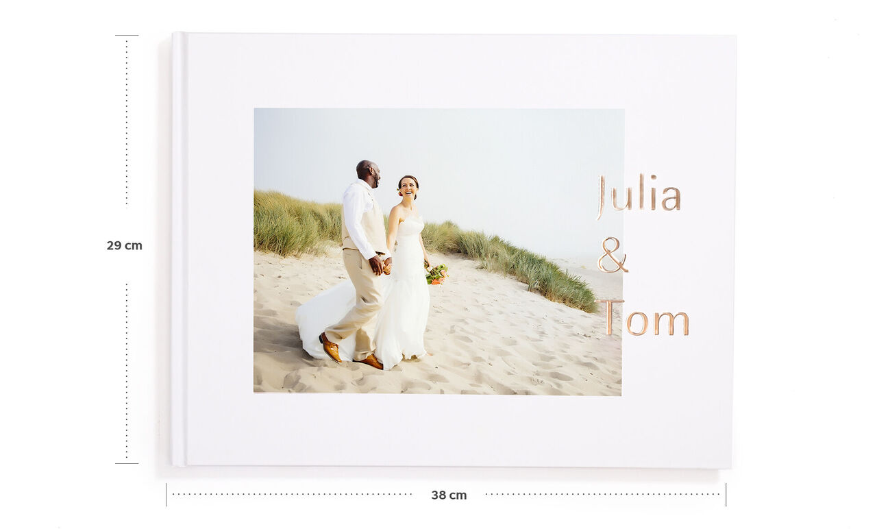 Grand album photo paysage, 38 x 29 cm, avec la photo d'un couple sur la plage en couverture