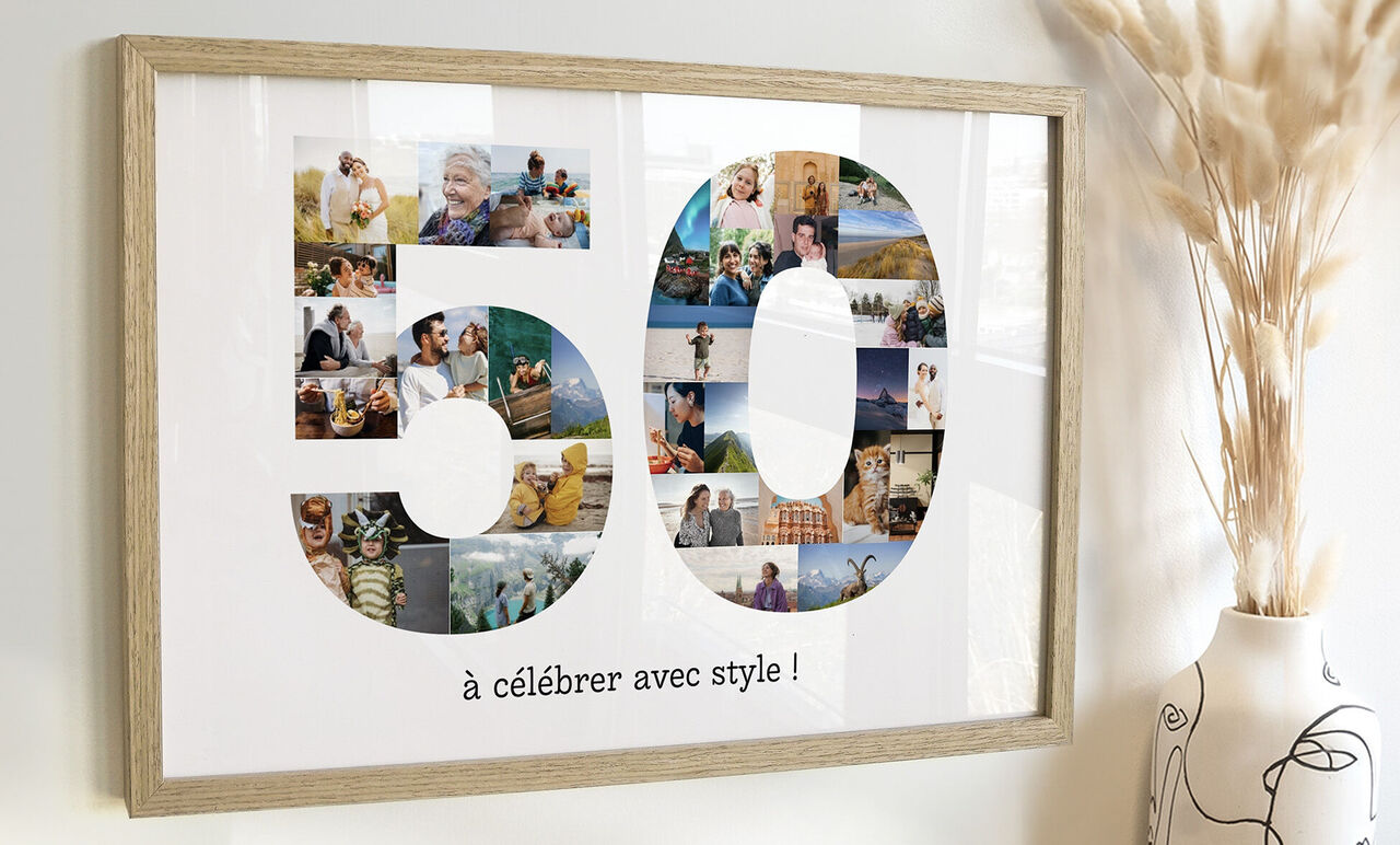 Affiche anniversaire personnalisée avec mosaïque de photos formant le nombre 50 dans un cadre en bois