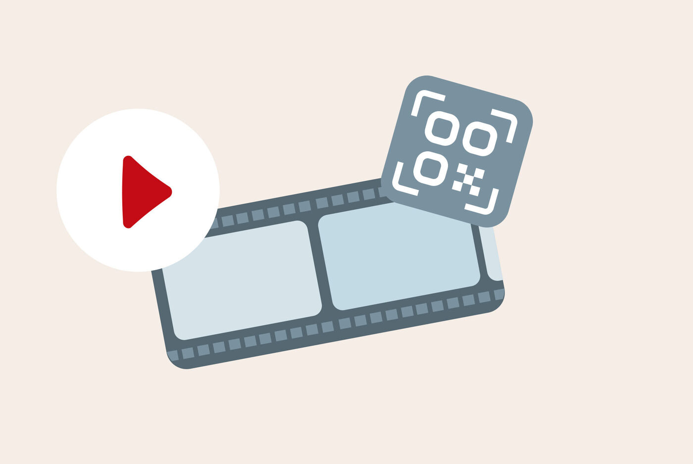 Une image graphique montre un film déroulant avec un bouton Play et un code QR.
