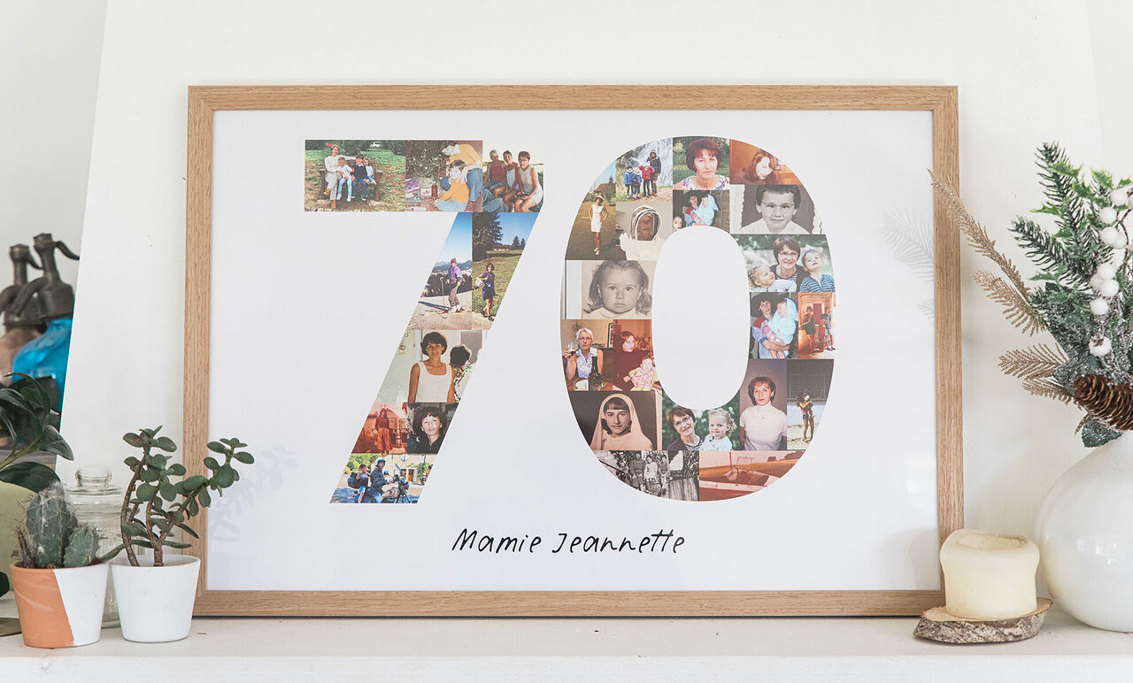 Affiche anniversaire personnalisée avec mosaïque de photos formant le nombre 70 dans un cadre en bois