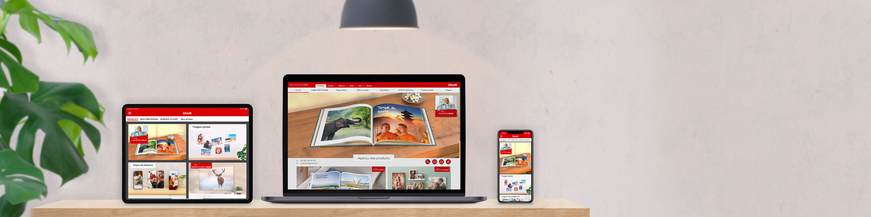 Trois appareils montrent le site CEWE Fotobuch : ordinateur portable, tablette et smartphone avec des photos colorées.