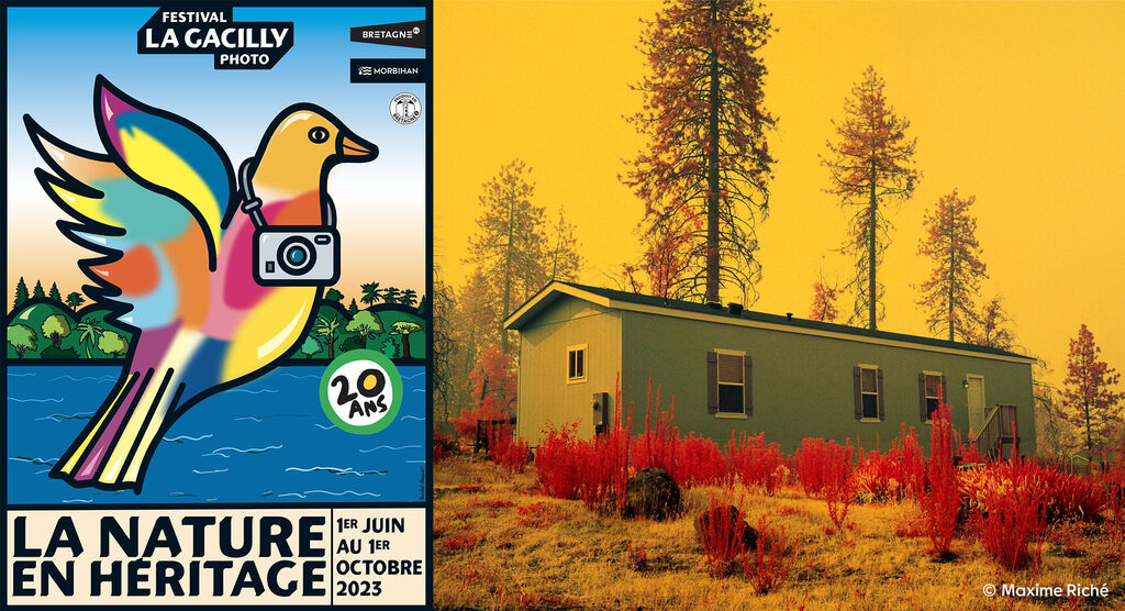 Affiche colorée pour le festival "La Nature en Héritage" avec un oiseau coloré et des informations textuelles.