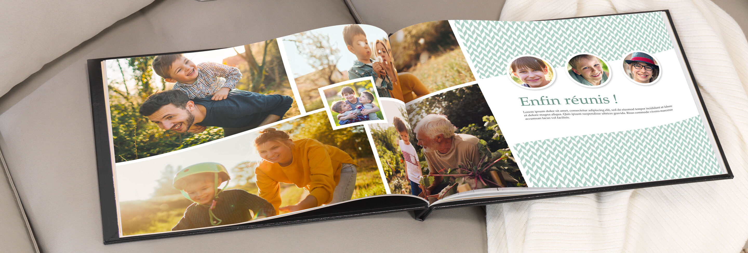 Album photo ouvert avec des photos de famille : enfants, adultes et moments de nature en couleurs vives. ALBUM CEWE