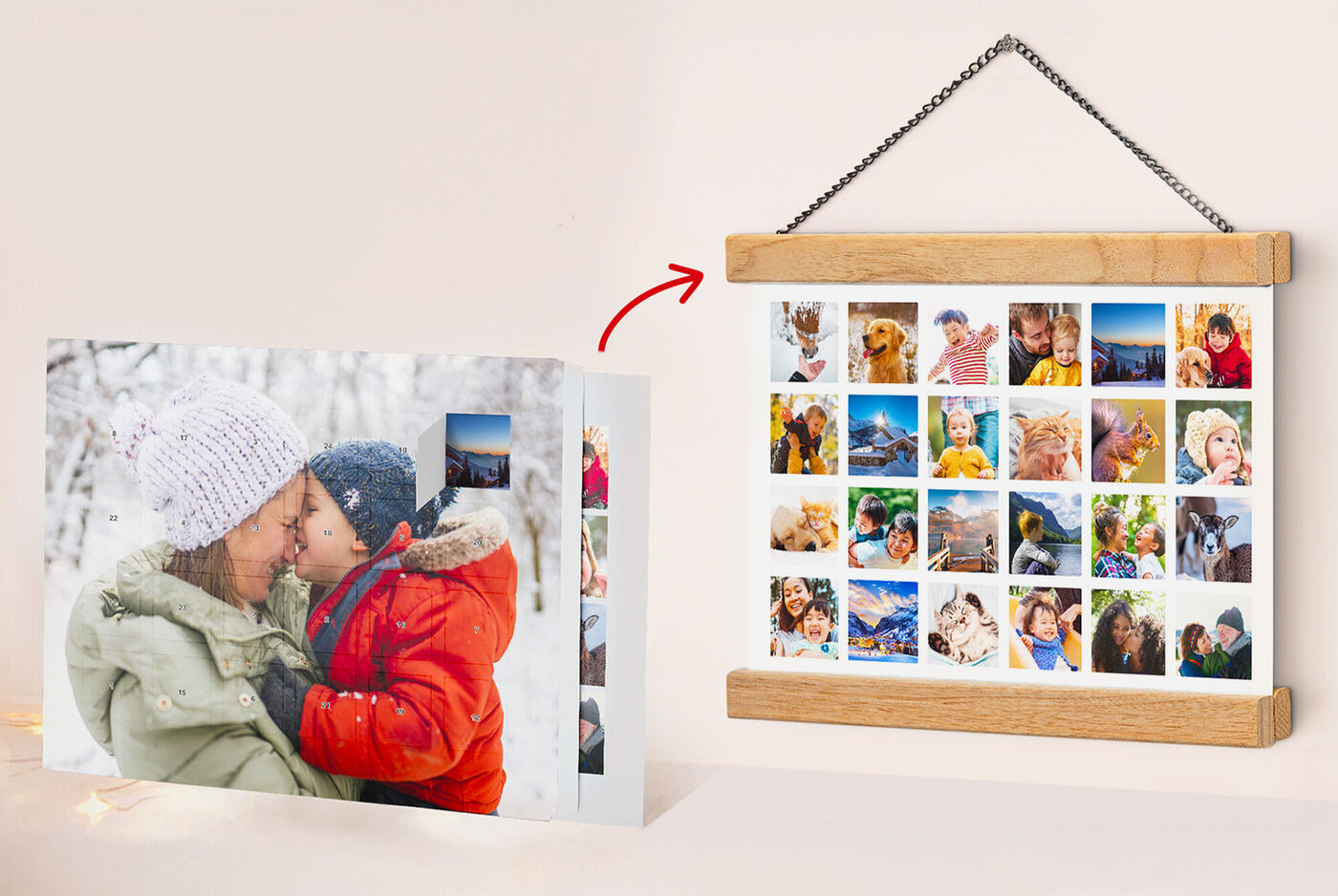 Démonstration du calendrier de l'Avent photo qui se transforme en poster pêle-mêle avec un support bois