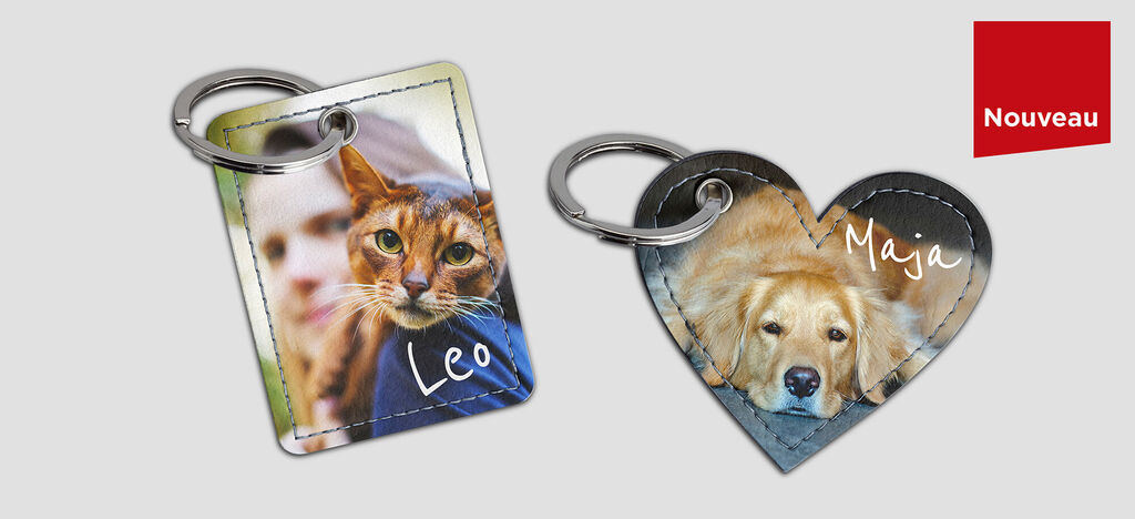 Deux porte-clés personnalisés : un avec une image d'un chat nommé Leo et l'autre avec un chien nommé Maya.