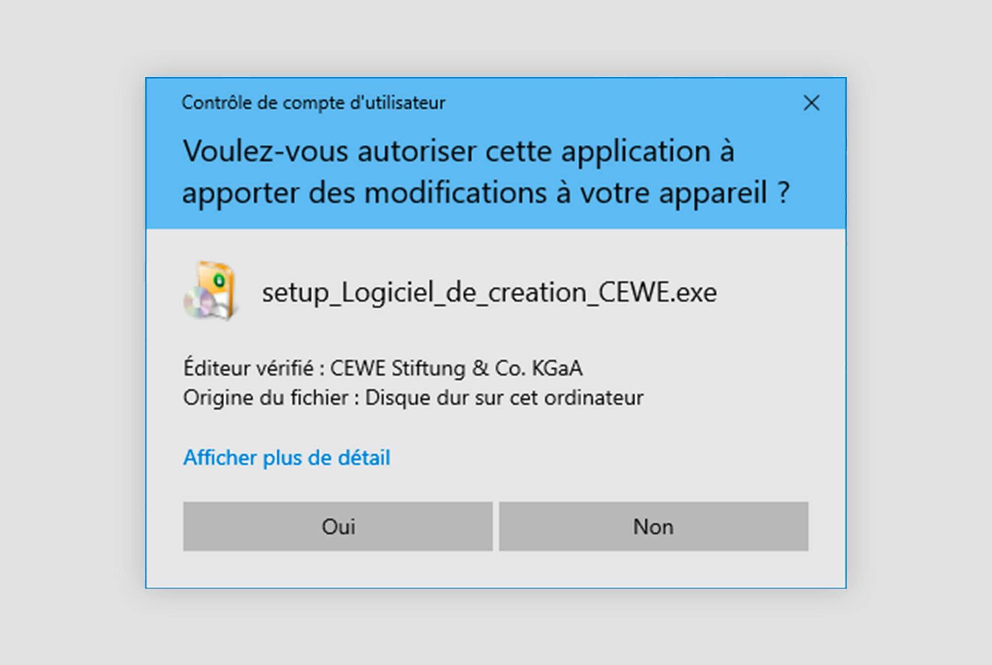 Demande de sécurité pour installer le logiciel CEWE.
