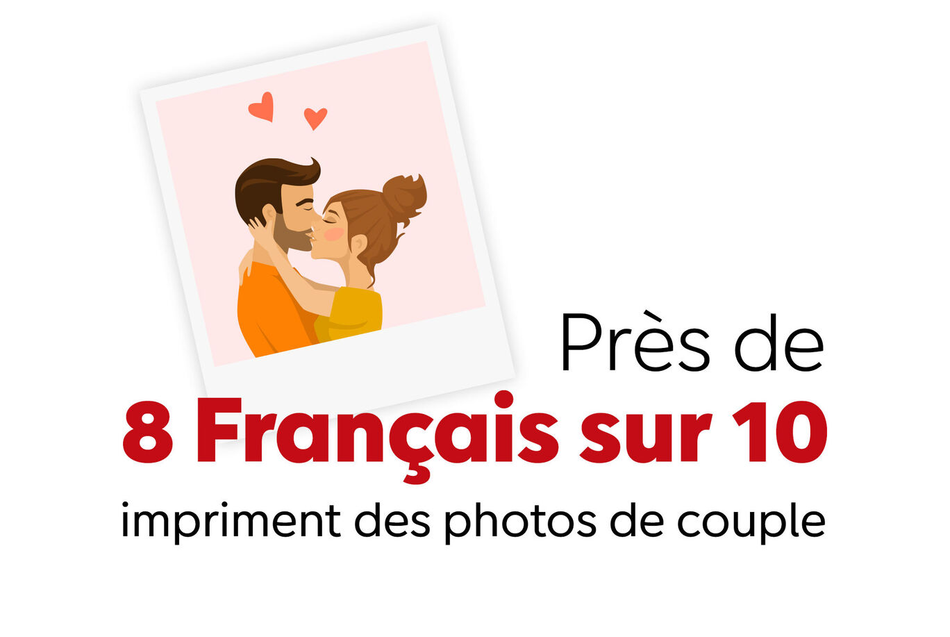 Un couple s'embrasse sous des cœurs dans un Polaroid