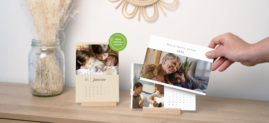Présentation d'un calendrier avec des photos de famille pour 2024.