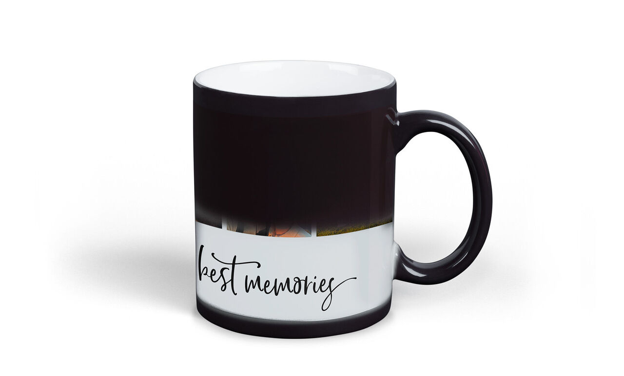 Tasse noire avec photo et inscription "meilleures souvenirs"