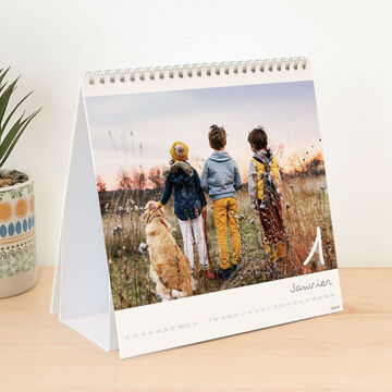 Trois enfants avec un chien se tiennent sur un champ et regardent au loin, en contemplant un calendrier.