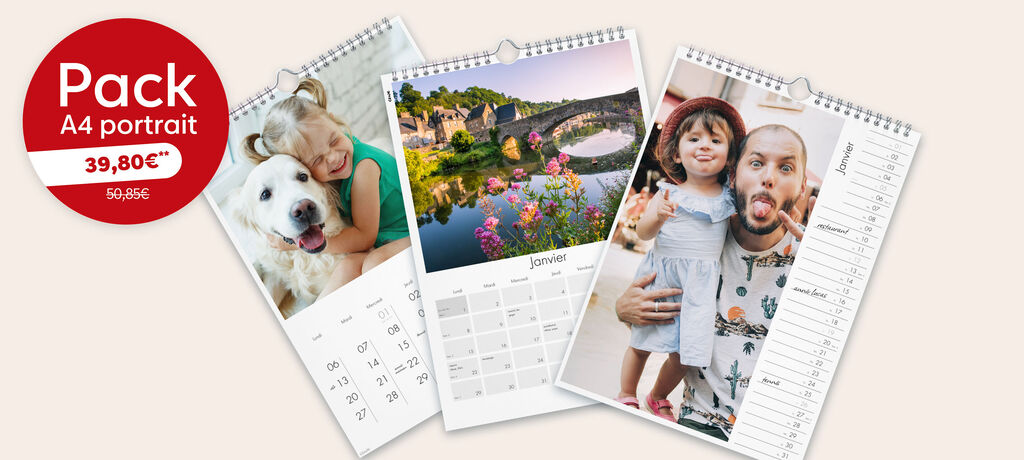 Pack de 3 calendriers photo muraux A4 portrait avec une offre à 39,80 € au lieu de 50,85 €