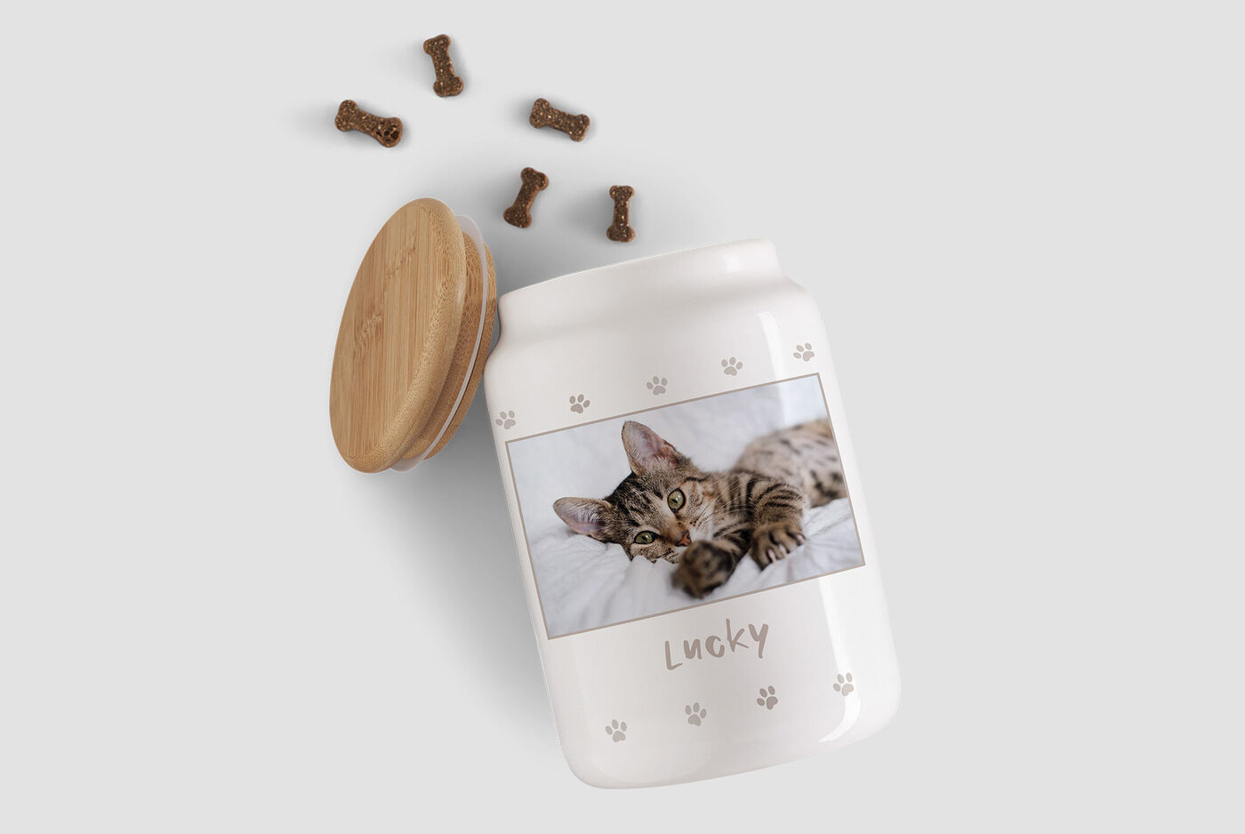Boîte à friandise personnalisée avec la photo d'un chat nommé Lucky