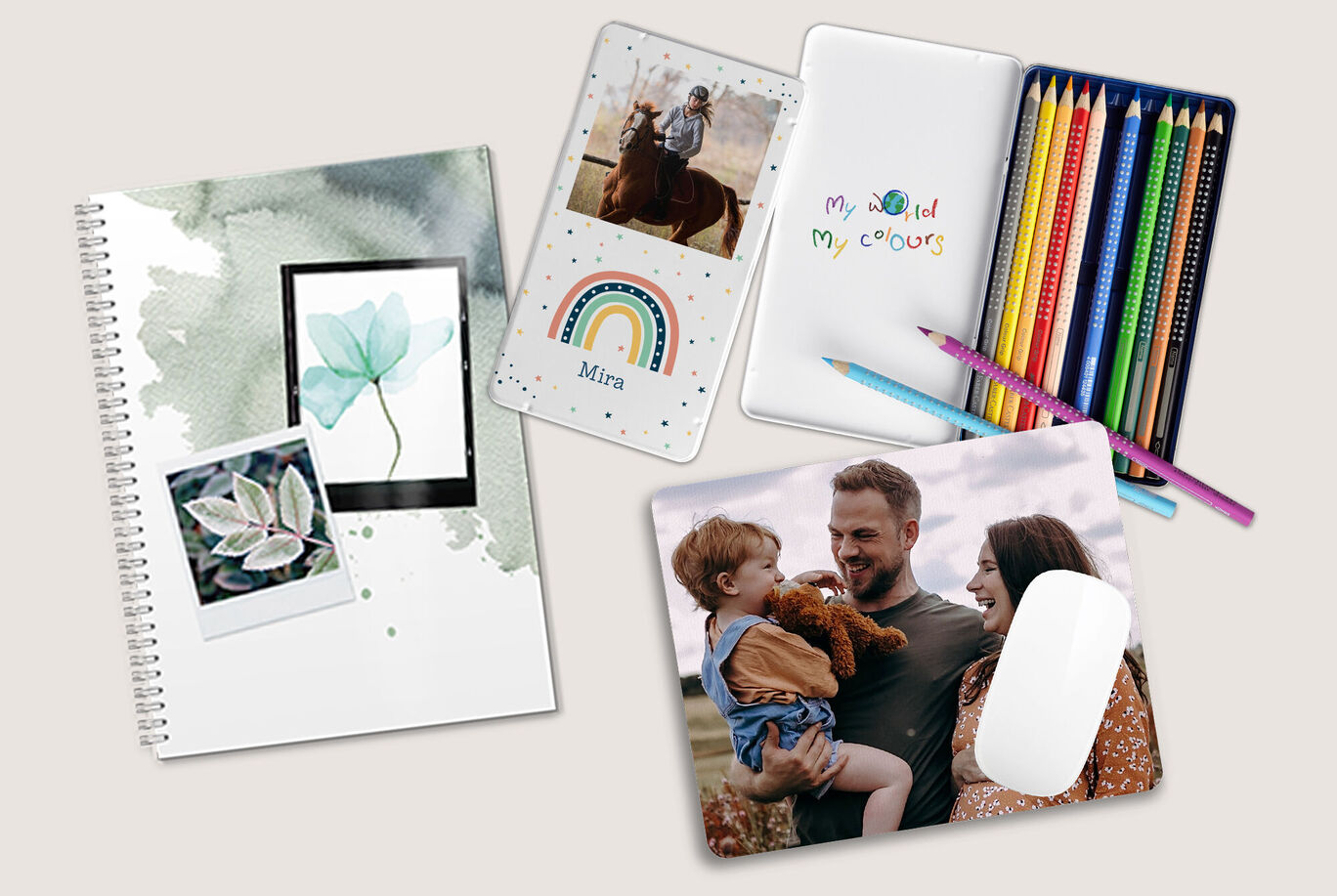 Matériel scolaire personnalisé avec une boîte de crayons, un cahier et un tapis de souris