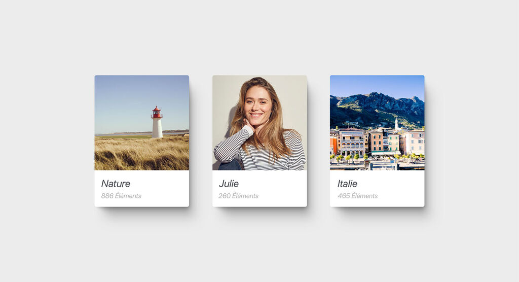 Trois images avec thèmes : nature, une personne et Italie. La première montre un phare, la deuxième une personne et la troisième une ville italienne.