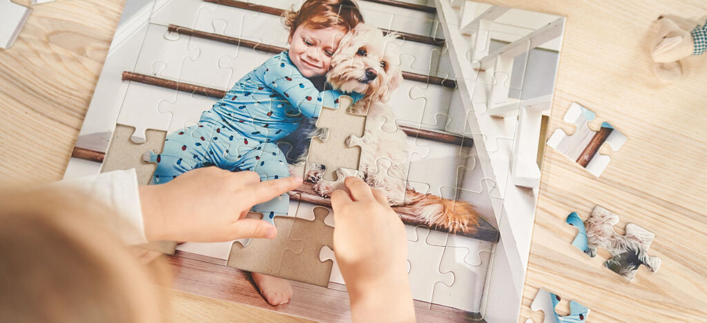 Un enfant assemble un puzzle sur des escaliers avec un chien.
