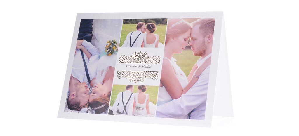 Une carte de mariage créative avec des photos de couples amoureux montrant joie et affection