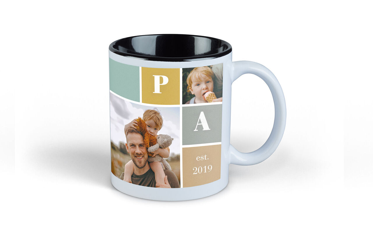 Tasse avec photos personnalisées, cadres colorés et année.