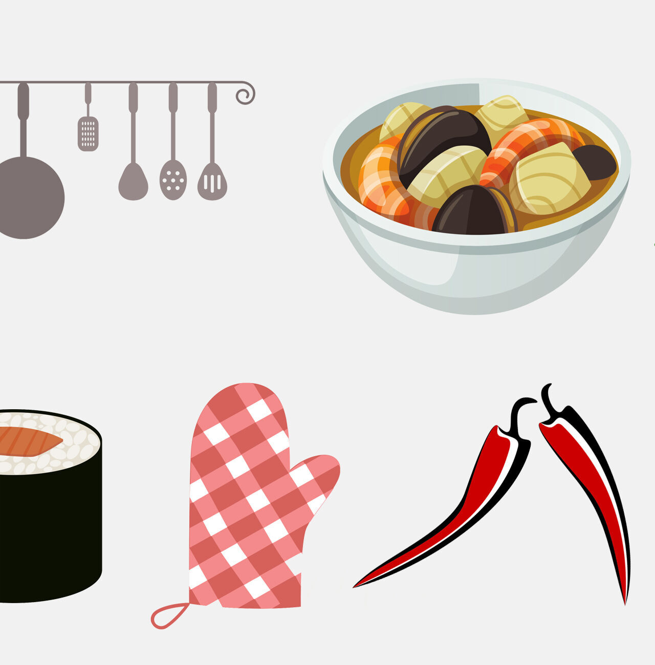 Un bol de ragoût coloré, avec des ustensiles, un gantelet, des sushis et des poivrons rouges.