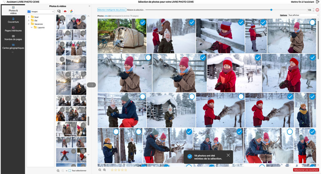Interface de sélection de photos pour la création d’un livre photo personnalisé en ligne