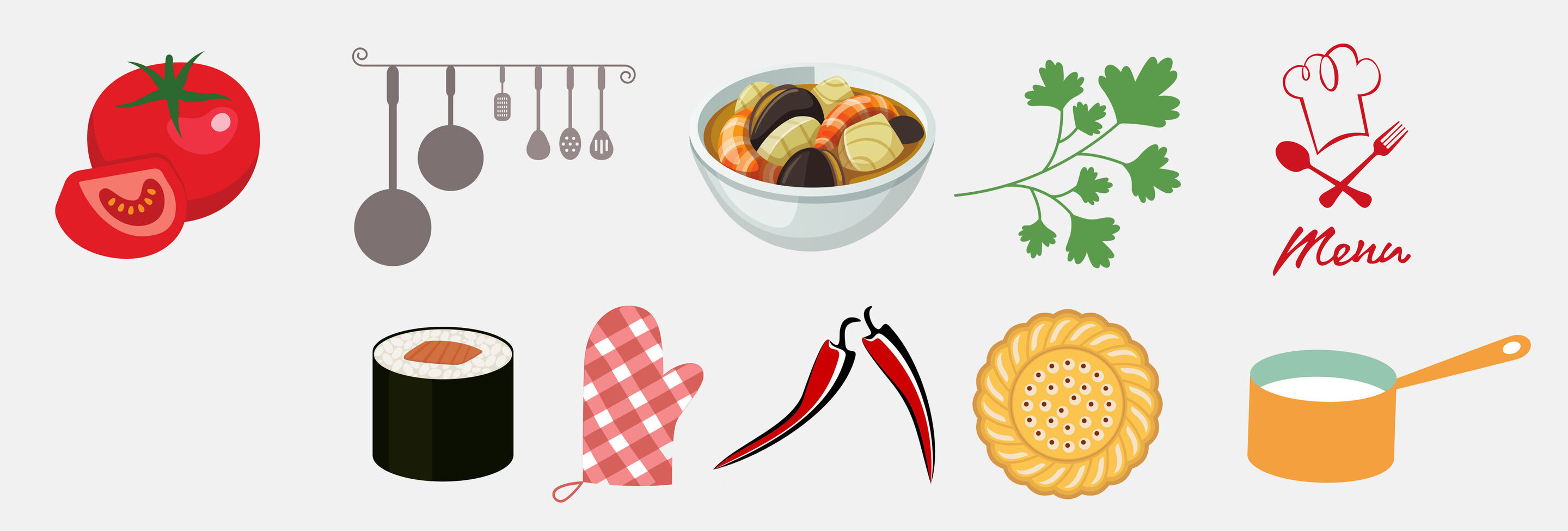 Illustration d'aliments et d'ustensiles de cuisine, montrant la joie de cuisiner.