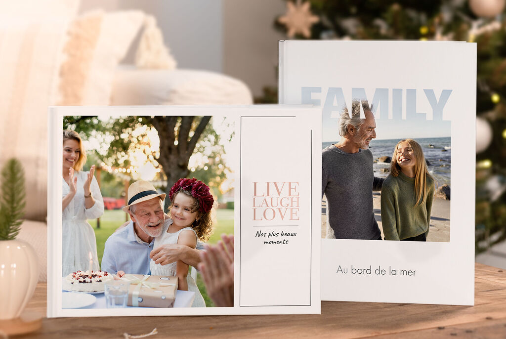 Moments familiaux joyeux dans l'album photo avec le texte "Vis, ris, aime"