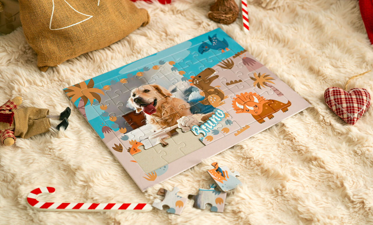 Puzzle enfant personnalisé avec photo de chien et illustrations d'animaux