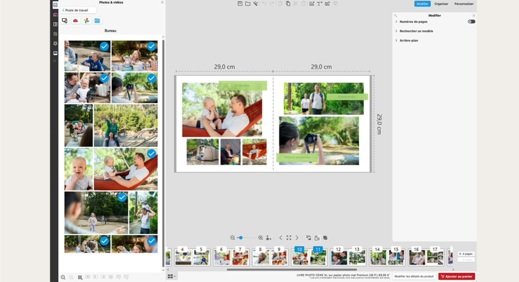 Interface de création de livre photo personnalisé avec mise en page de photos de famille