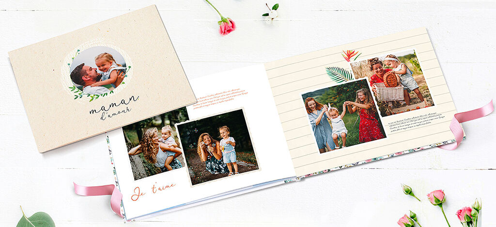 Un album photo soigneusement conçu avec des photos d'enfants en pleine nature, ouvert sur une table.