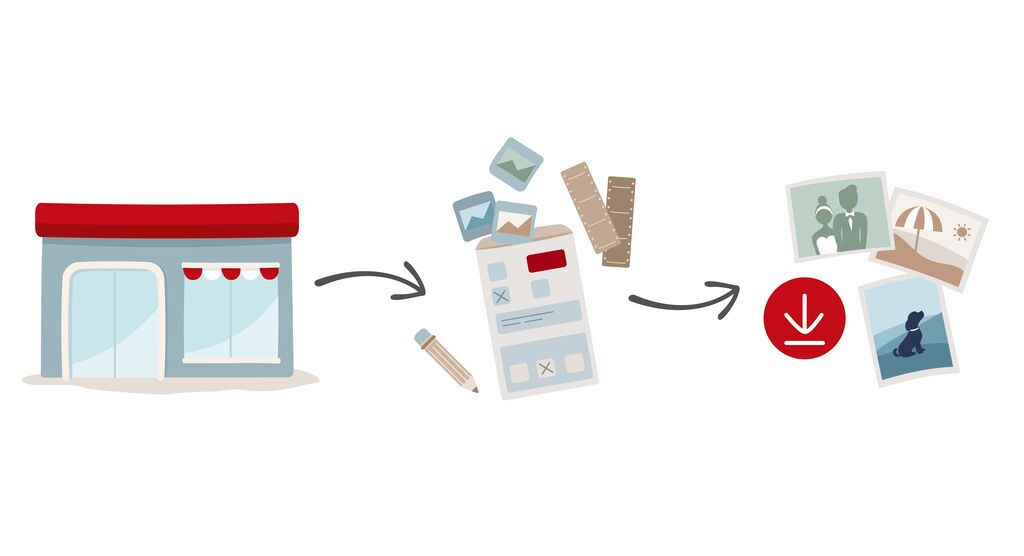 Un design graphique montre le processus de service photo : un magasin, un bon de commande et le produit final. Focus sur la connexion entre images et souvenirs.