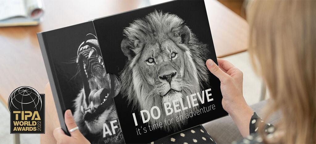 Une personne tient un beau livre photo avec un lion et un singe sur la couverture, évoquant l'aventure.