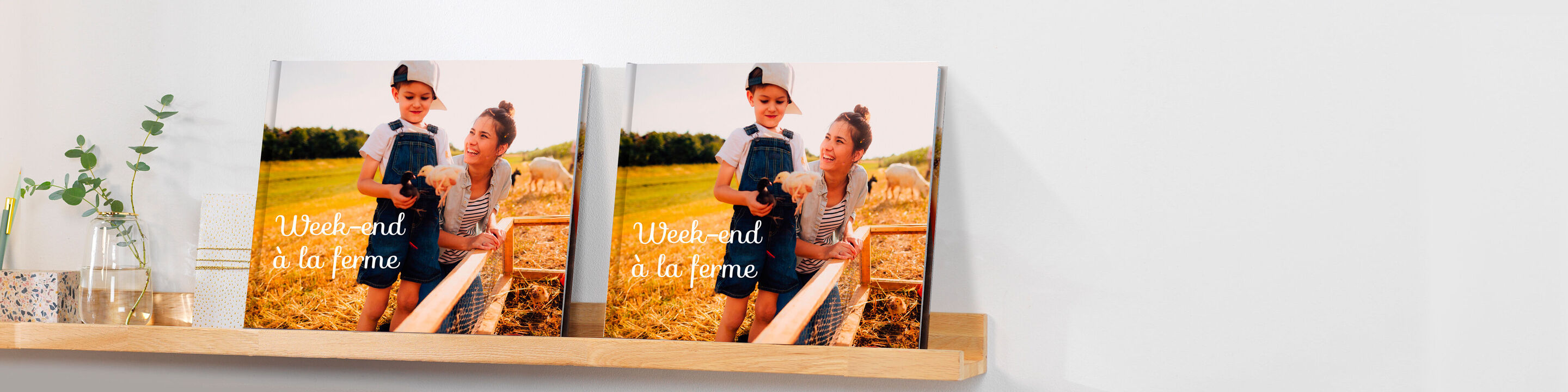 Deux CEWE albums photo côte à côte sur une étagère, l'un avec un enfant et un animal sur la couverture.