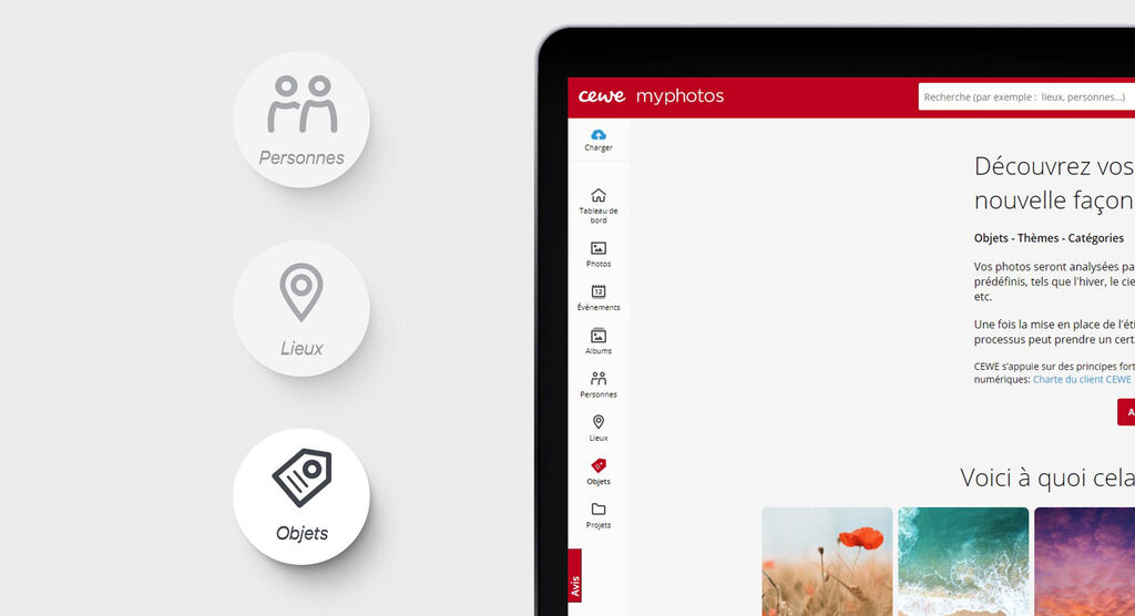 Interface utilisateur de CEWE myphotos avec des catégories pour personnes, lieux et objets