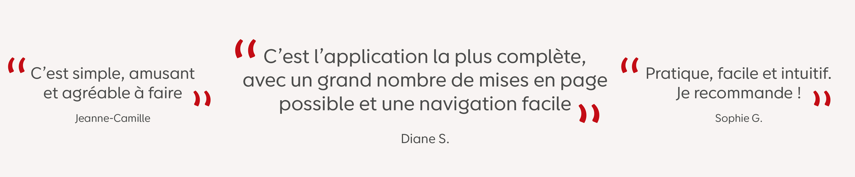 Deux évaluations positives clients de l'application, citation de Diane S. au centre et Jeanne Cantel à gauche.