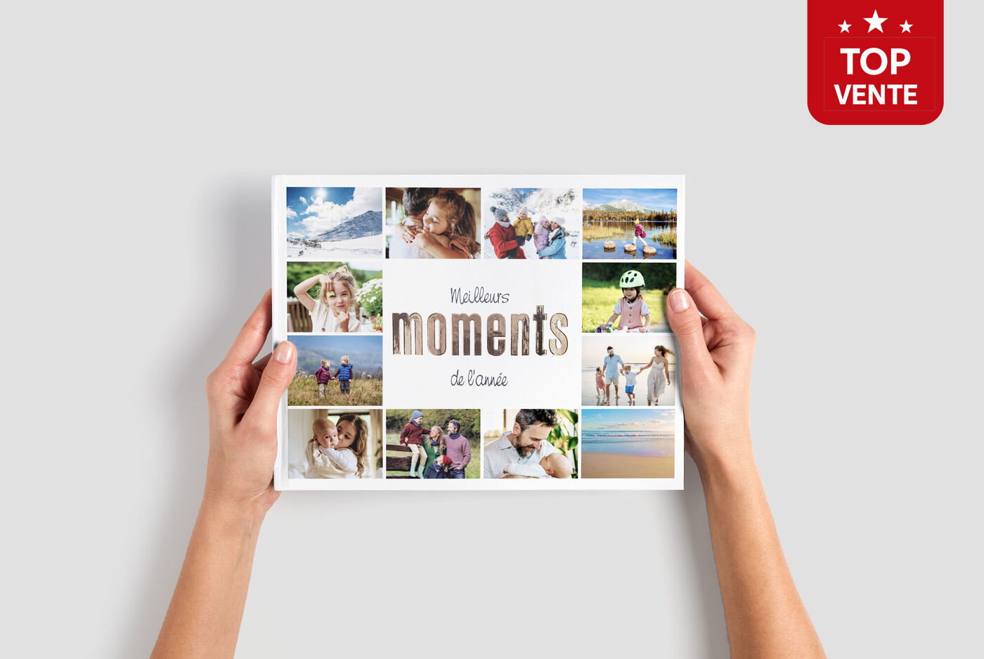 Un album photo au format A4 Paysage avec une couverture affichant différents moments en famille