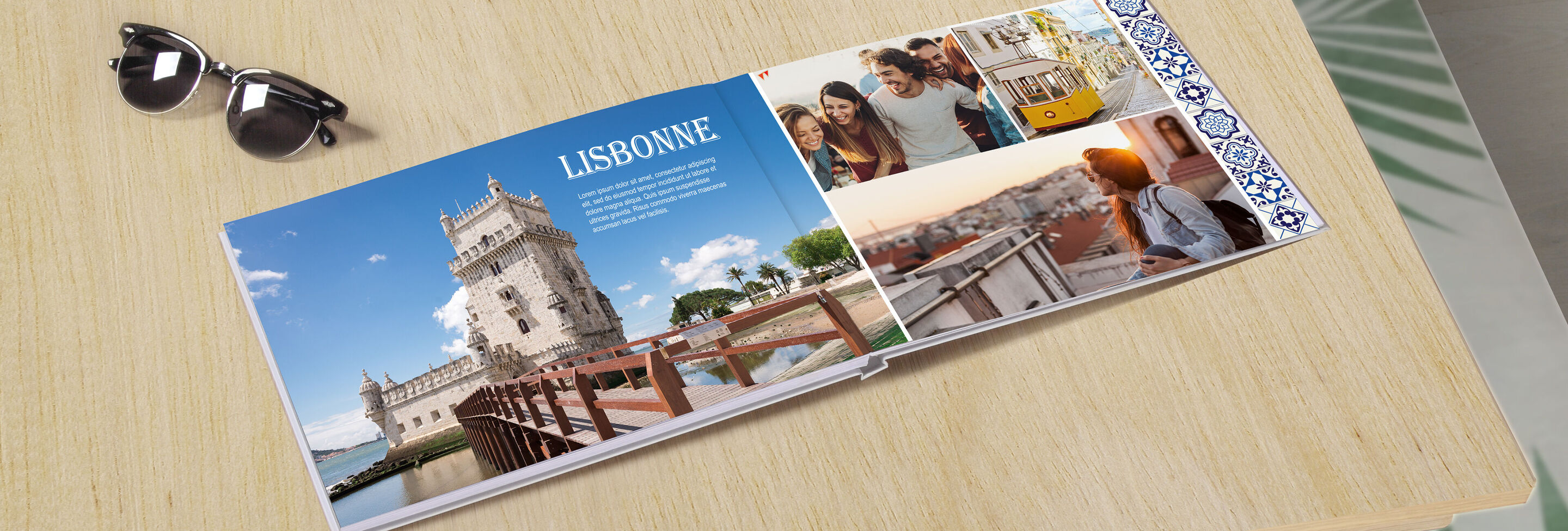Livre photo voyage à Lisbonne, ouvert avec des photos de la ville