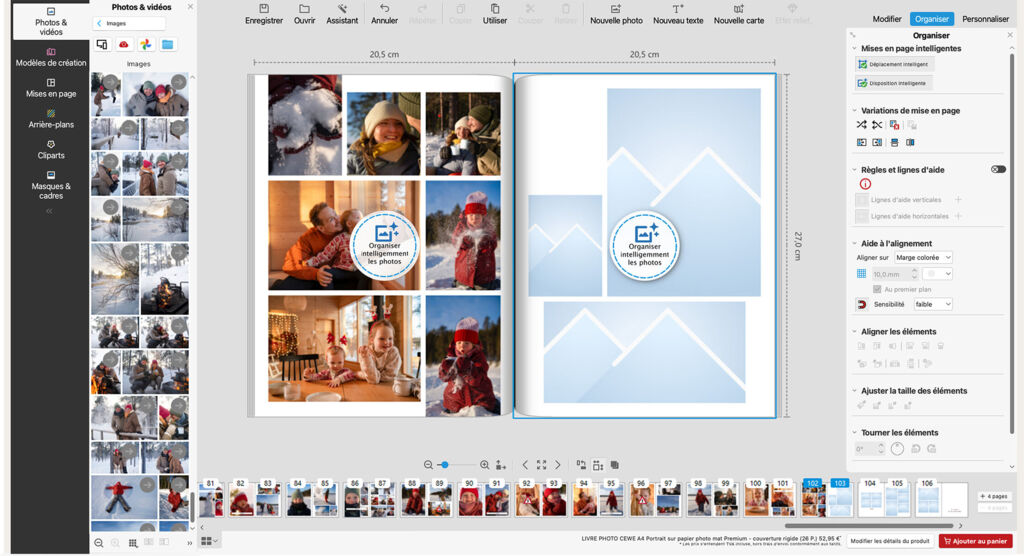 Mise en page d’un livre photo personnalisé avec organisation automatique des photos sur double page