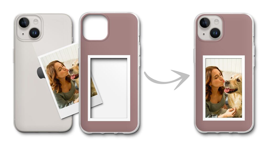 Deux coques de téléphone, l'une avec une photo, l'autre avec un chien et une personne.