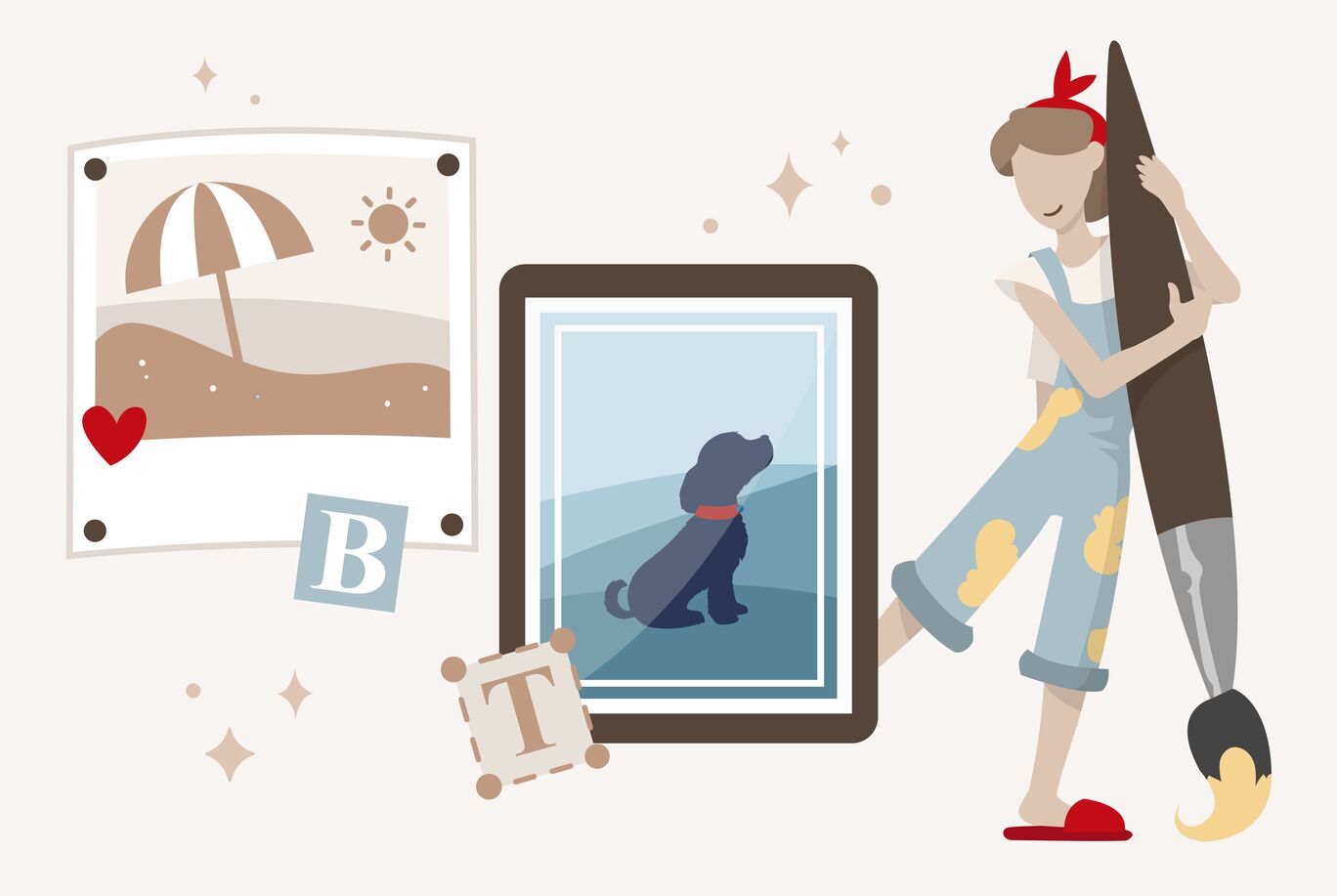 Une personne joyeuse crée une fresque murale avec un chien. Elle s'amuse à créer entourée d'œuvres d'art et de décorations.