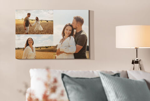 Poster pêle-mêle personnalisé avec des photos d'un couple accroché au mur