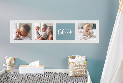 Un mur photo créatif avec trois cadres montrant des moments heureux. Au centre, le texte 'ton bonheur'.