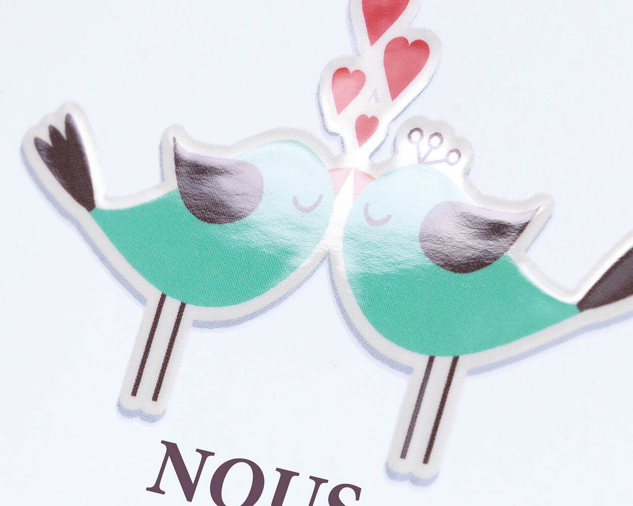 Deux oiseaux aimants s'embrassent sous des cœurs