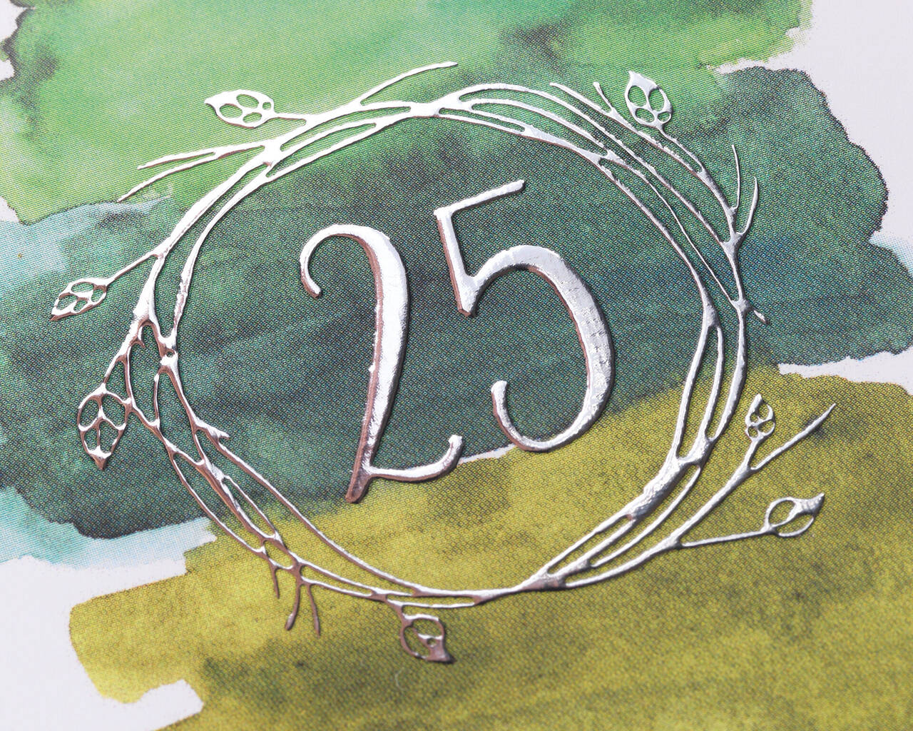 Un chiffre argenté 25 dans une couronne de feuilles sur un fond coloré.