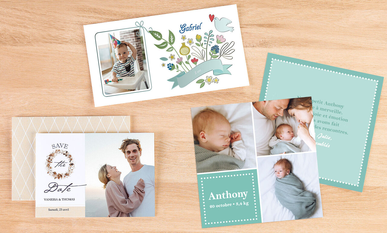 Une sélection tendre de cartes de vœux CEWE personnalisées, célébrant des moments spéciaux.