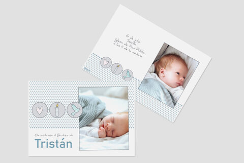 Magnifique carte de bébé pour Tristan avec des designs et des cœurs bleus