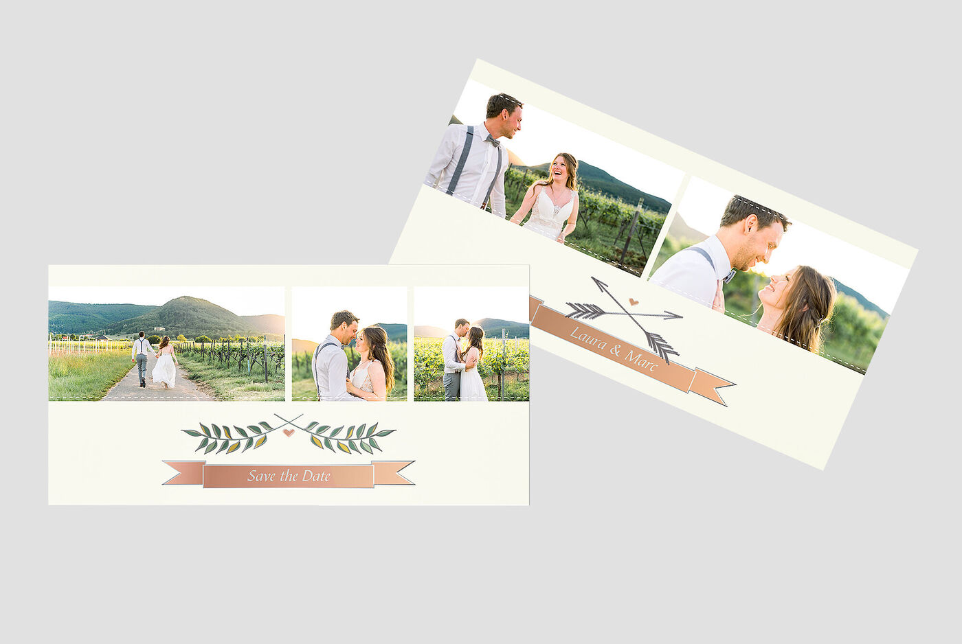 Un design romantique Save-the-Date avec des photos d'un couple en plein air.