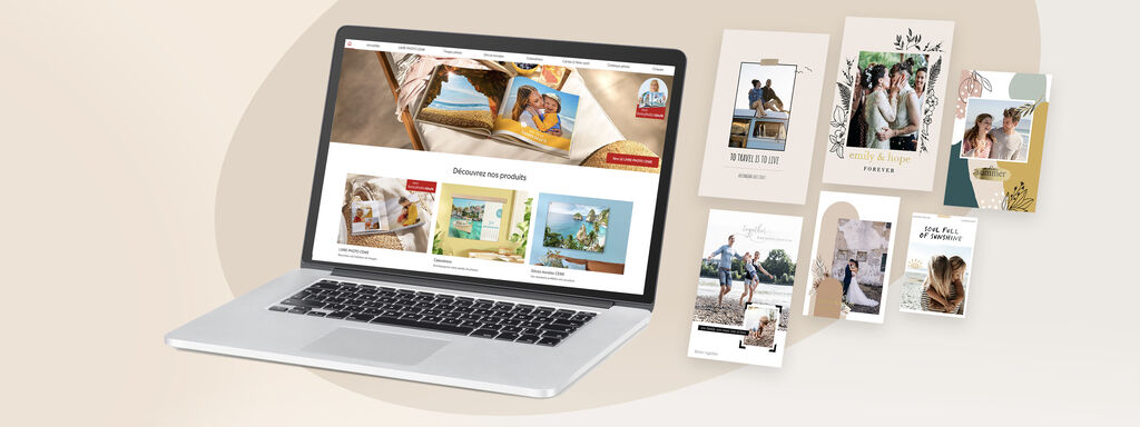 Ordinateur portable avec des modèles de livres photo CEWE et des cartes de vœux invitant à la création.