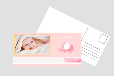 Une carte de vœux rose pour la naissance d'une fille avec un éléphant et le texte 'It's a girl'