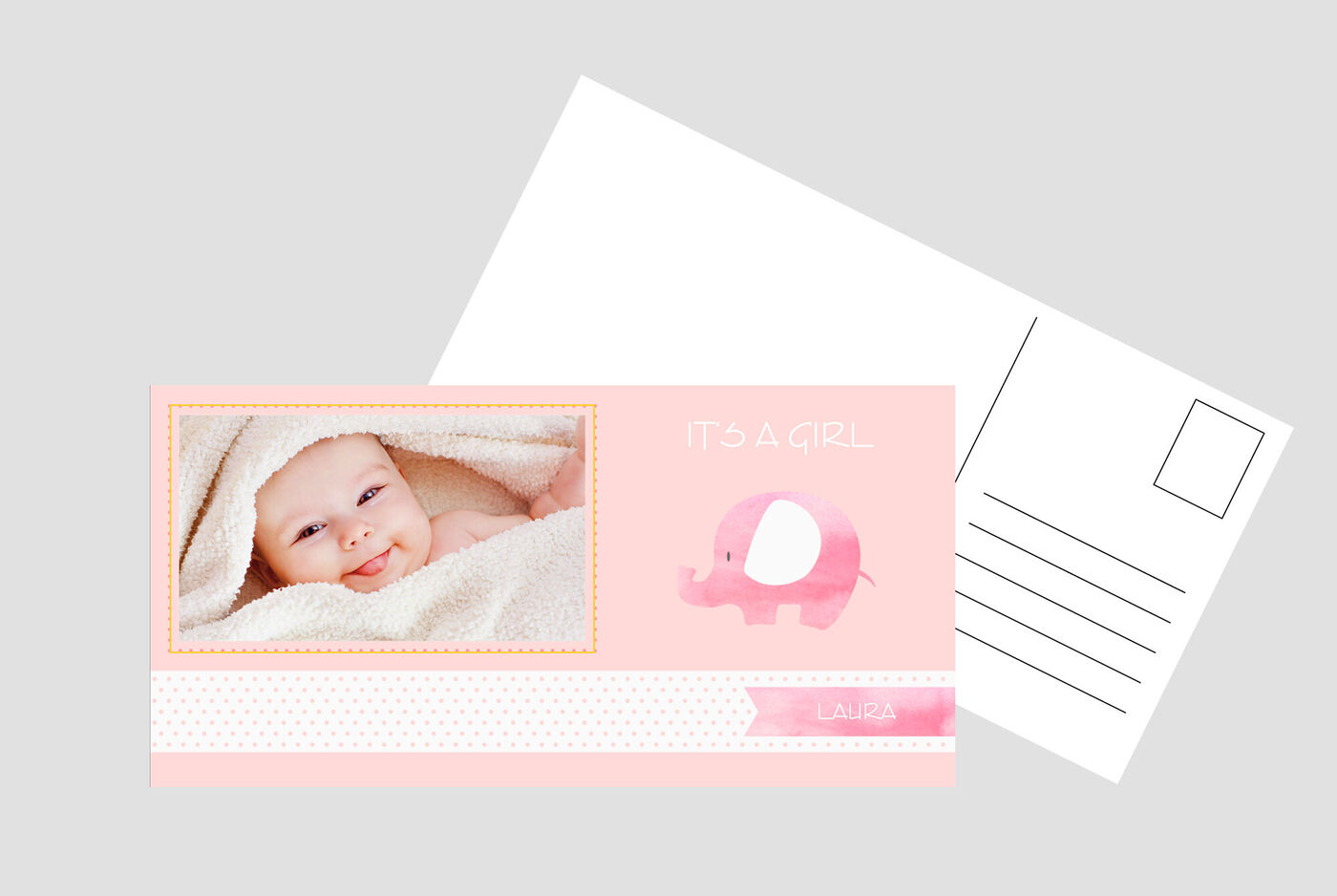 Une carte de vœux rose pour la naissance d'une fille avec un éléphant et le texte 'It's a girl'